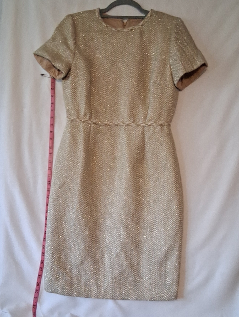 ANN TAYLOR Gold Short-Sleeve SheathTWEED Dress with Subtle Metallic Finish